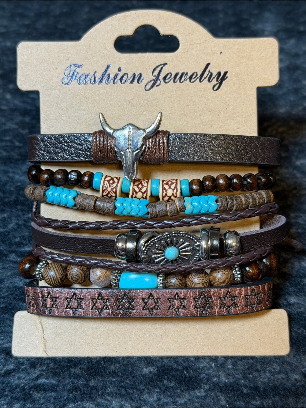 Western Boho Layered Bracelet Set Bull Skull Turquoise 8 Pc Adjustable